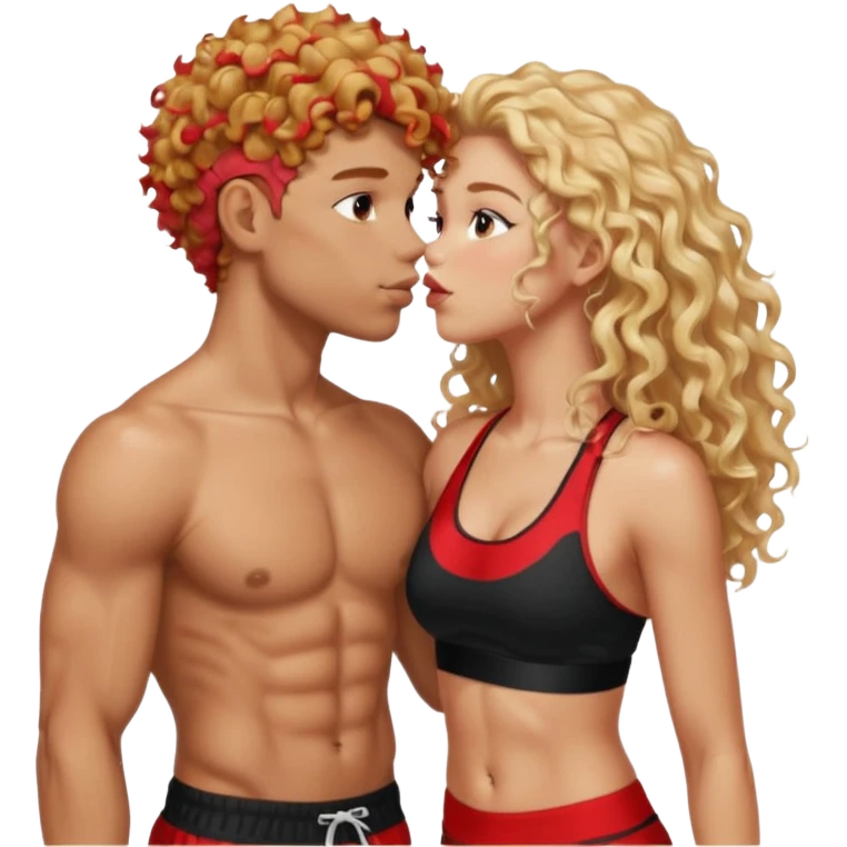 athletic man, high top fade, blonde curly hair only top only, no shirt and Athletic girl with long light red wavy long hair and black sports, Put them together kissing, or holding hands emoji
