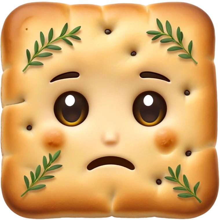 Focaccia bread with thyme with a sad face emoji