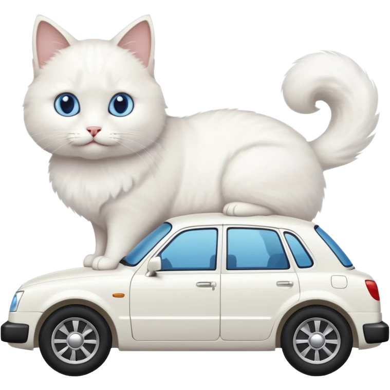 Please create a small emoji the size of 🚗 featuring a pure white cat with stubby tail with blue eyes on a white saloon car viewed from side. Again it is necessary that the emoji must be extremely small, much smaller than a standard sized sticker. emoji