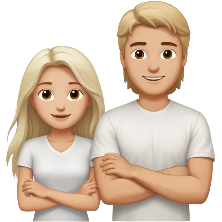 A white guy and a white long-haired girl crossed their arms over their chests - with a happy look on their faces - wearing white shirts emoji