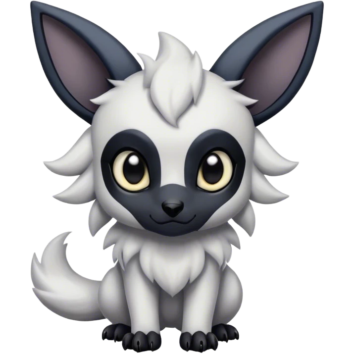 Absol-Umbreon, long thick black ears, black Scapha, black long tail, black eyes, white fur, black claws, cute big eyes, adorable emoji