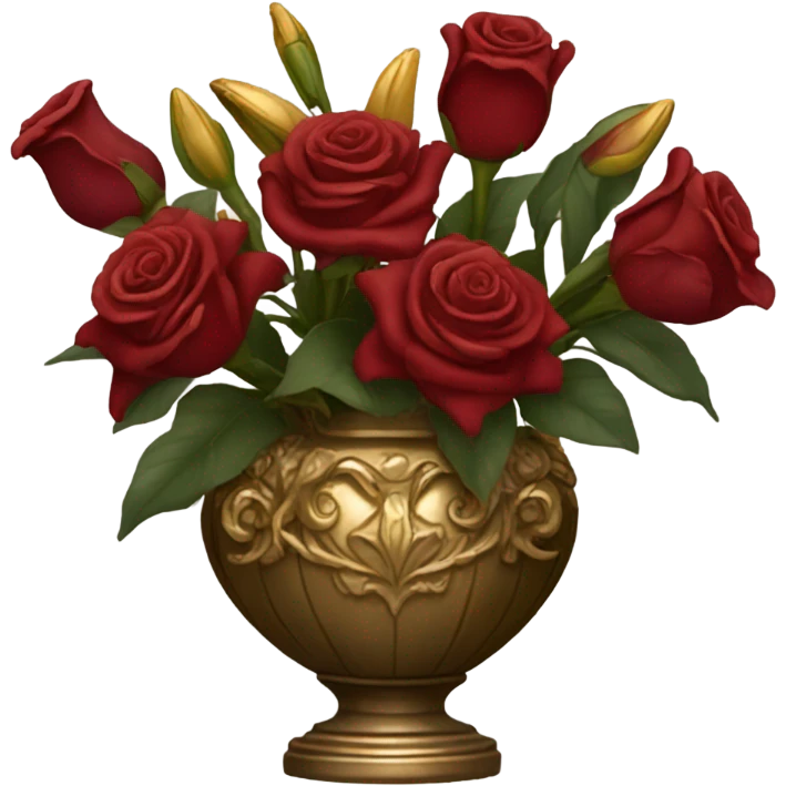 A Baroque-style still life with a bouquet of deep red roses and lilies in a gilded vase, draped in velvet fabric emoji