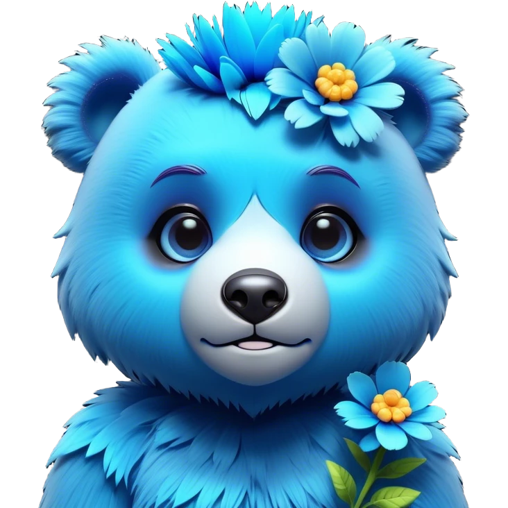 3D, adorable little Pixar style blue neon punk bear with a flower, ultra detailed, each lash, eye, and strand of fur is shown in stunning detail as though captured in a timeless photograph, rich textures, visually rich, so lifelike it feels like it could leap off the page at any moment emoji