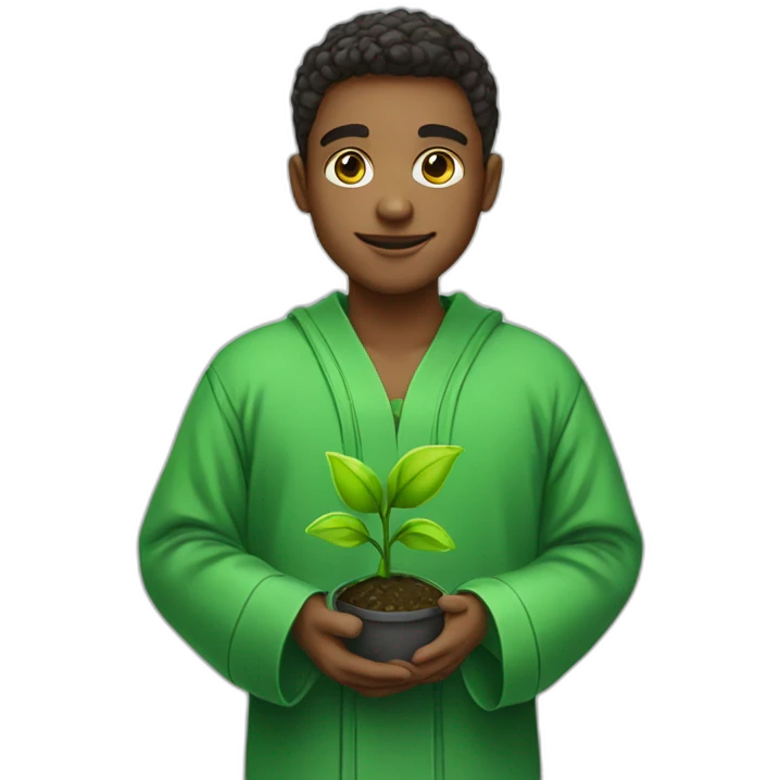 a student in a green robe with a green sprout in his hands. emoji
