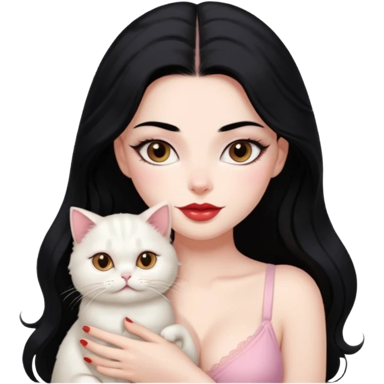 Beautiful Girl Long Hair black, Brows Big , Skin White, bra Pale Pink , Big Red Lips, EyesCoffe , Big hug Little baby Persa Cream Cat With Cute Eyes emoji
