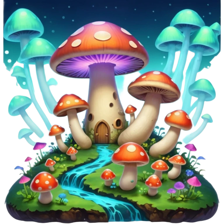  "A whimsical mushroom world filled with giant glowing mushrooms, soft bioluminescent spores floating through the air, and friendly oversized snails with colorful spiral shells exploring the landscape. Fantasy atmosphere, vibrant colors, dreamy lighting, highly detailed emoji