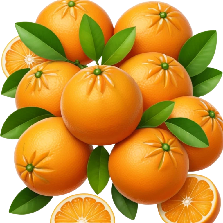 cluster of small, round orange citrus fruits, one peeled in segments, some with green leaf, no basket or extras, soft lighting, subtle shadows, emoji scale emoji