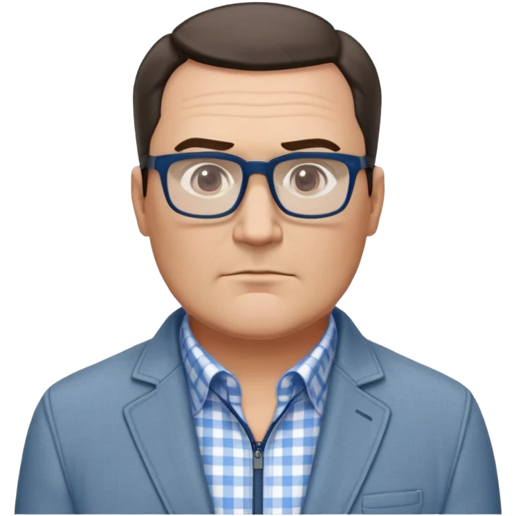 50-year-old heavyset man with very wide face and prominent square jawline. Short straight hair combed to the side, not balding. Large dark square glasses. Serious-relaxed expression. Light gray jacket that fits his larger frame, white shirt with blue checkered pattern. emoji