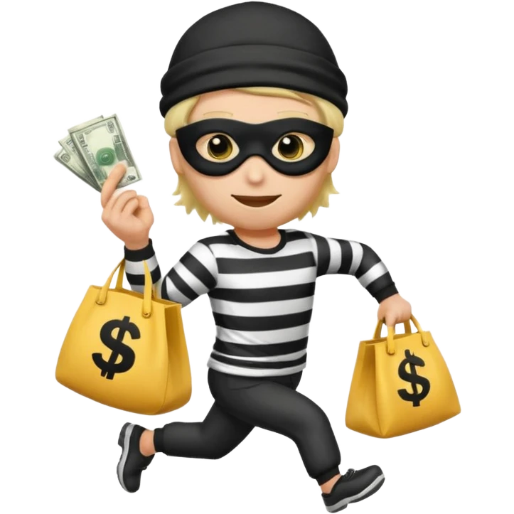 running emoji of a classic burglar, a black eye mask (looks like a blindfold) and a black-and-white striped shirt. emoji-like hair, black hat, ONE bag of money 💰 with a dollar sign in a hand emoji