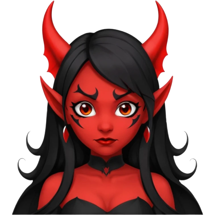 demon girl, skin red , black long hair, small horns, pointed ears, bat wing, black open-back dress, bold black outlines, red+black palette emoji