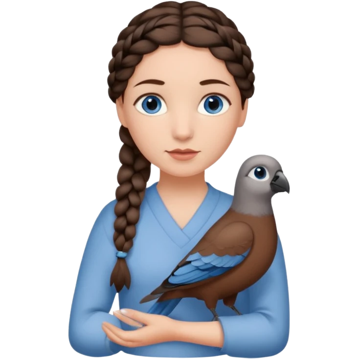 женщина с одной темно-коричневой косичкой серо-голубыми глазами и светлой кожей держит на руке трех птиц коричневого цвета emoji