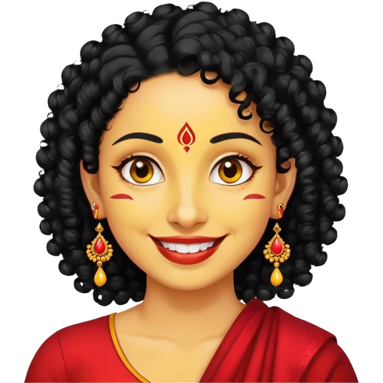 "- Phụ nữ
- 35 tuổi
- Da vàng
- Tóc đen xoăn nhẹ
- Có chấm đỏ Bindi, đeo khuyên tai
- Mặt cười
" emoji
