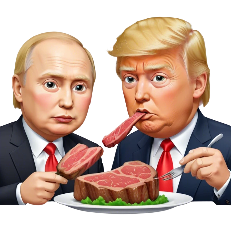 photorealistic Donald Trump and Putin eating a steak shaped like an piece of land emoji