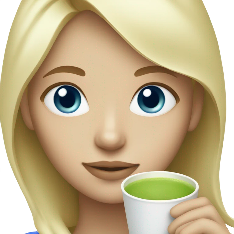 Blonde girl with blue eyes with a hot matcha emoji