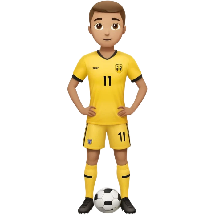 Apple emoji style 23 year old soccer player standing hands on waist, yellow jersey #11, soft shadows emoji