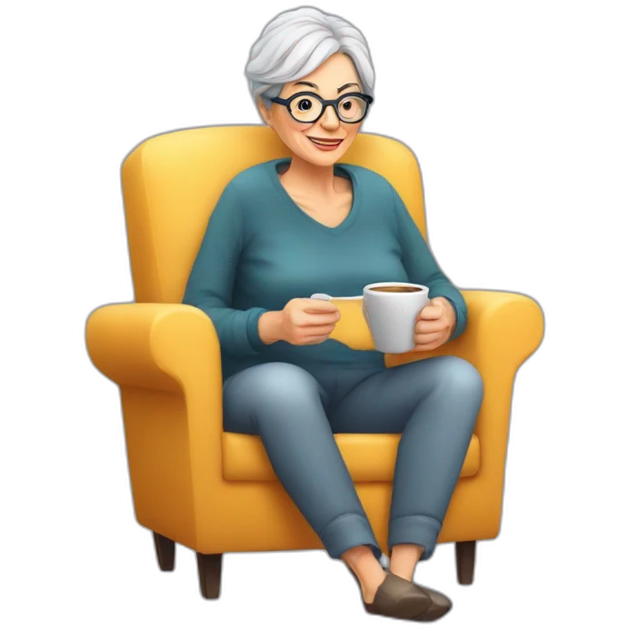 50 years old  woman, glasses, armchair, Reading at home, drinking a coffee, relax emoji