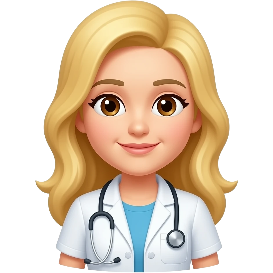 Chica estilo emoticono de WhatsApp, cara con medio cuerpo. Chica trabaja en radiografia con pelo largo rubio, piel clara y ojos marrones. emoji