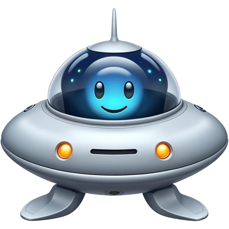 Design a simple, friendly spaceship with a smooth, rounded shape. Add a clear 'face' on the front using glowing lights for eyes and a curved line for a smile, giving it personality. Use a plain background to keep the focus on the ship emoji