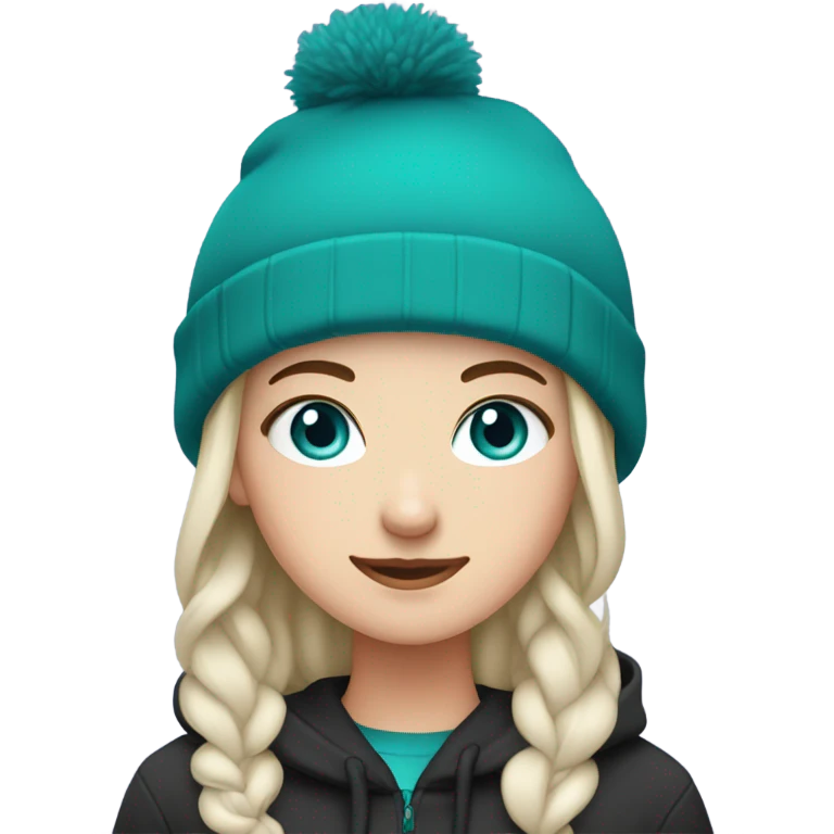 White girl, black hoodie, teal hair, purple beanie hat, blue eyes emoji