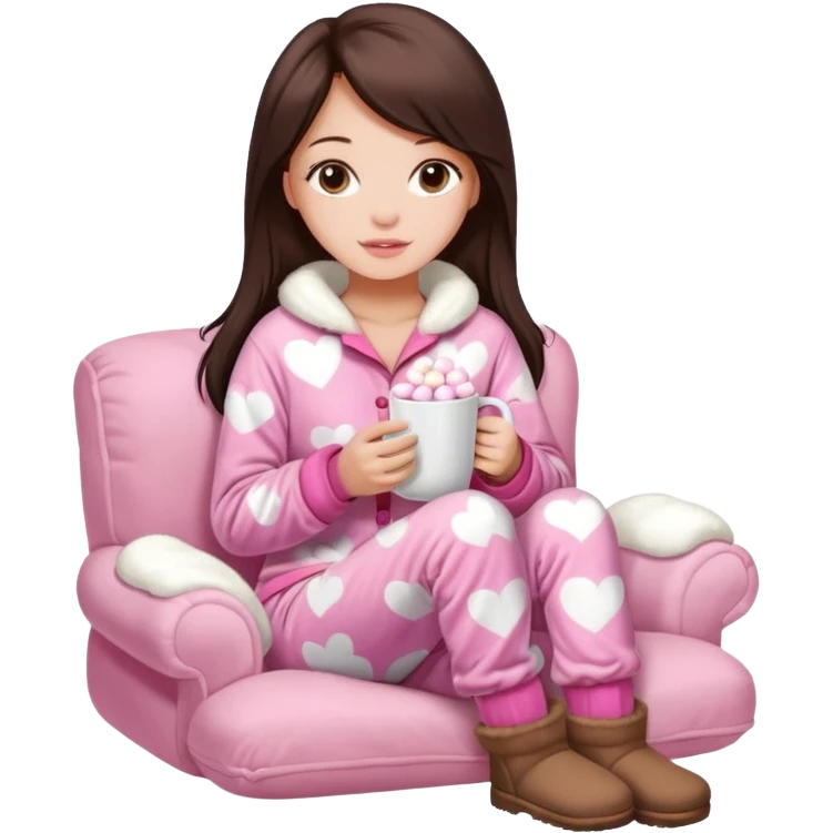aesthetic Victoria's Secret pajama set, Ugg boots, holding hot chocolate with pink and white marshmallows, cozy and cute emoji