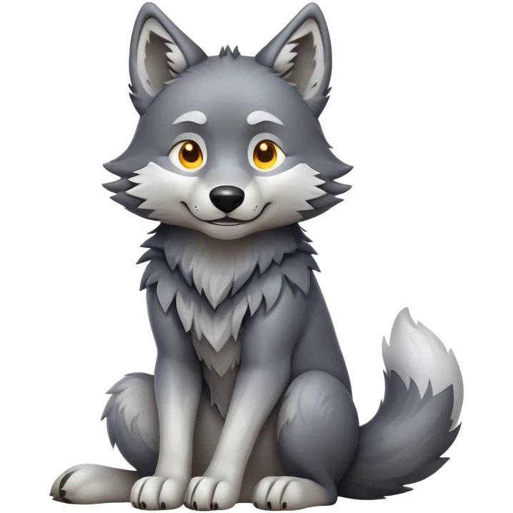 cinematic-[wolf]-realistic-full-body-sitting-emoji,-tail-resting-loosely-beside-its-paws,-head-tilted-dramatically, -scruffy-[grey]-fur,-simplified-yet-realistic-focused-features,-highly-detailed,-glowing-with-an-almost-sarcastic-glow emoji