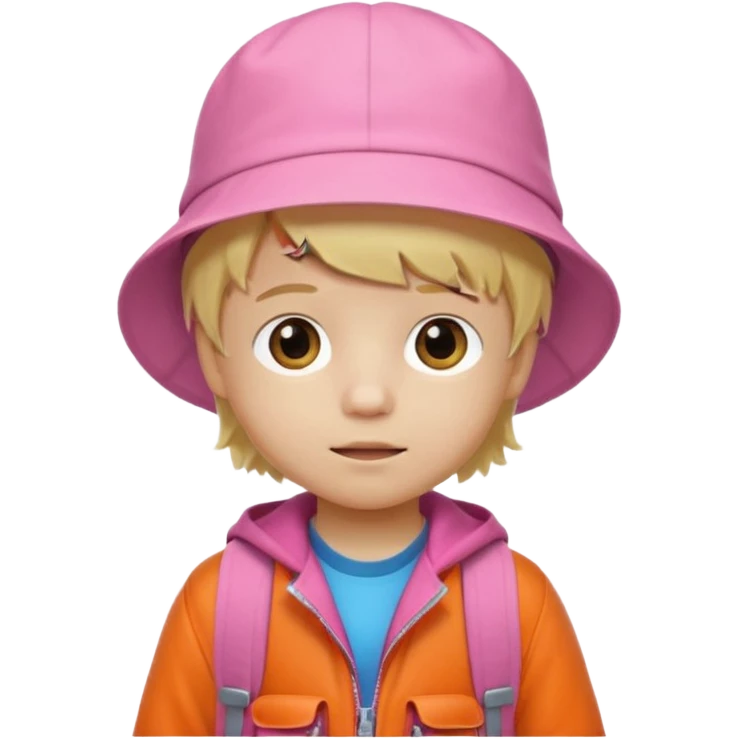 A little boy student white skin, blonde hair, with white bucket hat, orange jacket, pink backpack emoji