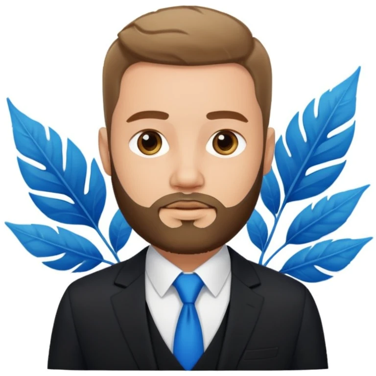 professional emoji-style male character with trimmed beard, short hair, black suit, white shirt, blue background with white leaf design emoji