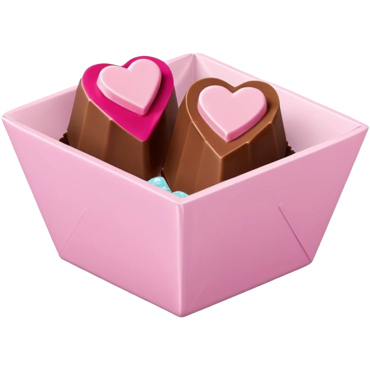 Two square milk chocolate pralines , sharp-edged glossy cubes placed diagonally side by side, each sitting in a small white fluted paper candy cup.
Flat thin pastel pink heart icing centered on top with fine sugar crystal sparkle, clean studio product lighting,  emoji