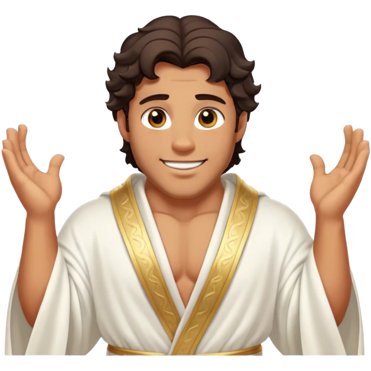 Cinematic Realistic Hercules Portrait, head tilted playfully and inquisitively, showcasing a charming blend of Disney heroic charisma and the refined grace of Michelangelo's David. His sun-kissed bronze skin and thick, wavy dark hair are rendered with classical precision, complementing a warm, inviting smile and sparkling, mischievous eyes. Clad in a softly draped white robe with subtle golden details, he exudes approachable strength under gentle, natural lighting. emoji