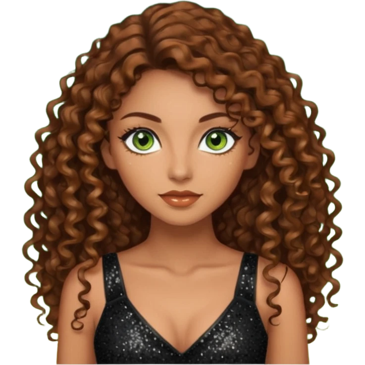 green eyes brown long curly hair evil siren woman,with 7 inch platform stripper high heels black glitter dress, Los Angeles Spanish style black outfit emoji