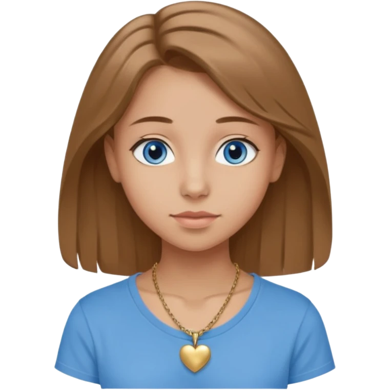 A 16-year-old girl with long, light brown hair and blue eyes. She also has slightly tanned skin, a small nose, and average-sized lips (though her lower lip is slightly larger than her upper lip). She's wearing a taupe T-shirt with a round neck and a gold necklace with a small heart on it. emoji