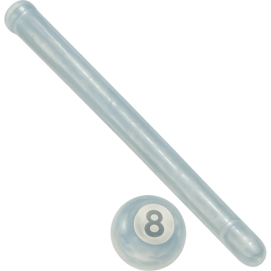 pool billiards cue stick, retro 90's toy style, very transparent, slightly see-through, soft plastic texture, soft reflections, soft and squishy, some cloudiness, not shiny, highly detailed, appealing, no tag, no background emoji