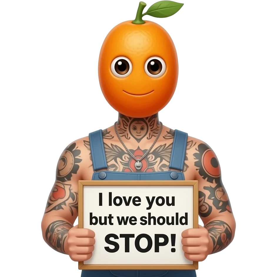 Tattooed Kumquat holding sign saying “I love you, but we should STOP !” emoji