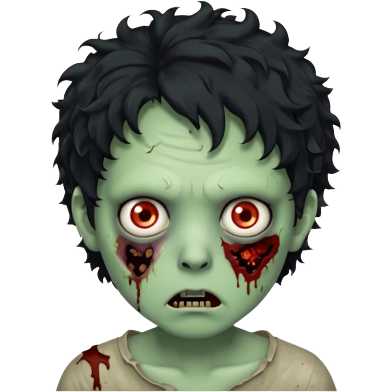 zombie character with green skin, messy short curly black hair, and no glasses. Give him large expressive eyes, a slightly frightened or eerie expression, subtle wounds, dark under-eye shadows, and a few cracks or dried blood marks on the face.  emoji