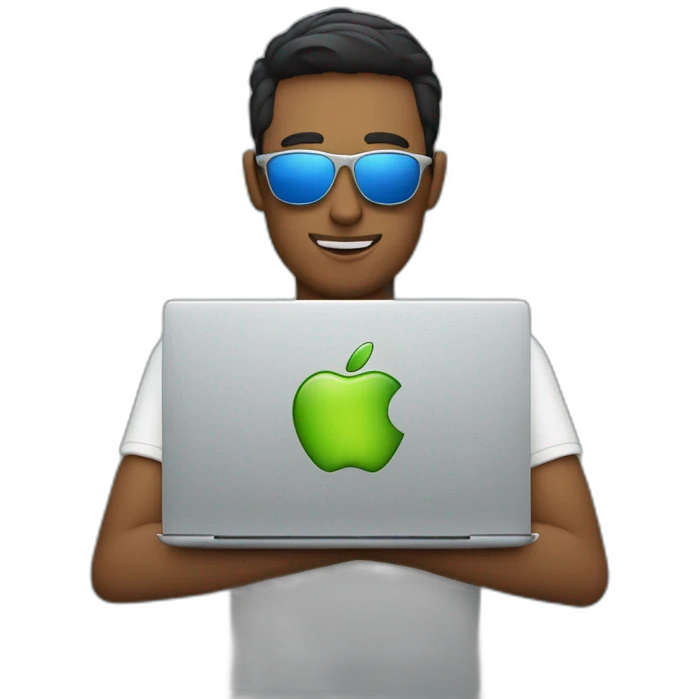 a guy in sunglasses behind a laptop with apple logo emoji