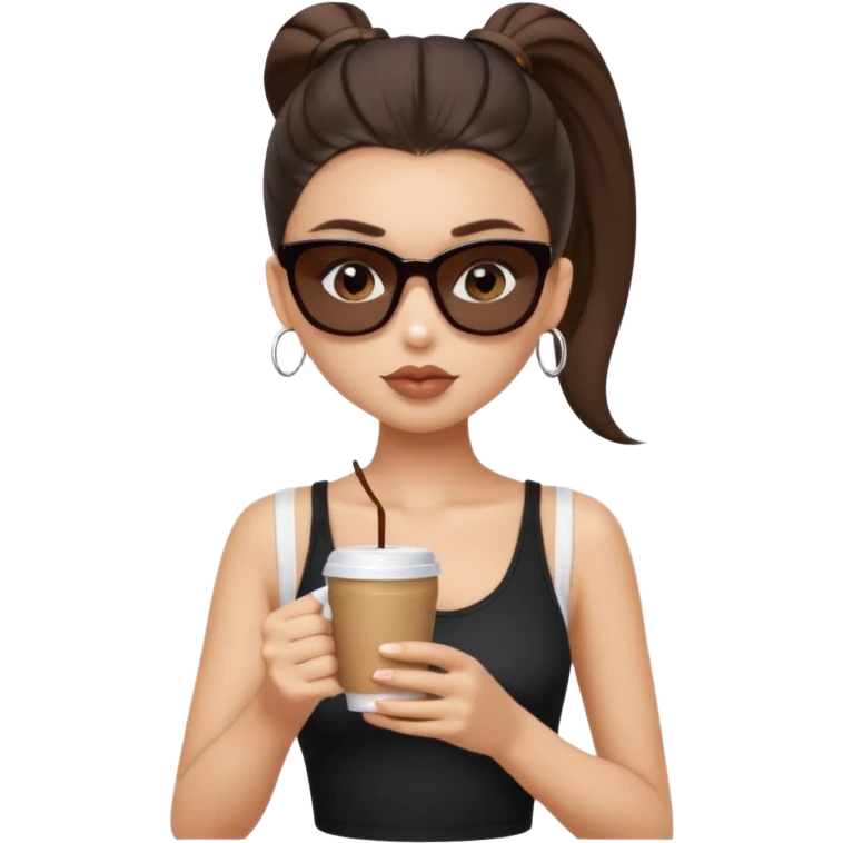 generate a pretty fair bratz girl with dark brown eyes, dark brown eyes tied into a slick back ponytail, thin brown sunglasses. Wearing a black cami top and drinking coffee, high cheekbones emoji