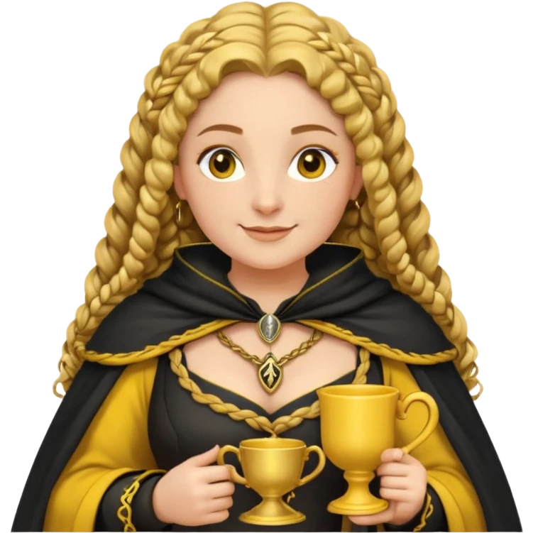 Helga Hufflepuff, 2 curly thick brown braids, yellow-black medieval dress, black cloak decorated with gold braiding, tiny two-handled shiny yellow-gold cup, very kind smile, curvy busty sweet woman, thick rosy cheeks emoji