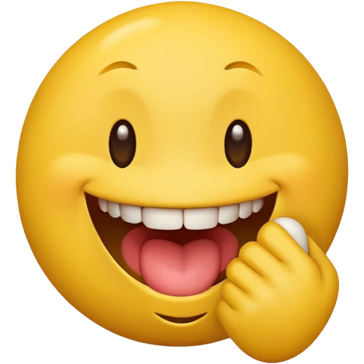 Quiero un personaje de una bolita de emoji amarilla con cara sonriente mordiéndose un dedo emoji