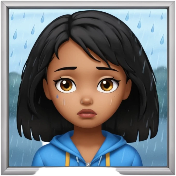 generate a pretty bratz brown skinned girl with messy black hair looking out of the rainy window, looking very sad emoji