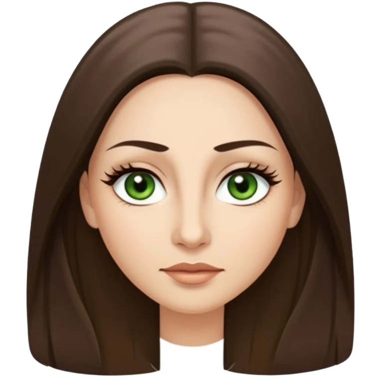 40 year old Adult woman avatar, light skin tone, long, oval face, long straight ashy brown hair, green almond-shaped eyes with dramatic eyelashes and minimal eyeliner, neutral mouth, medium straight eyebrows, small nose, smooth skin emoji