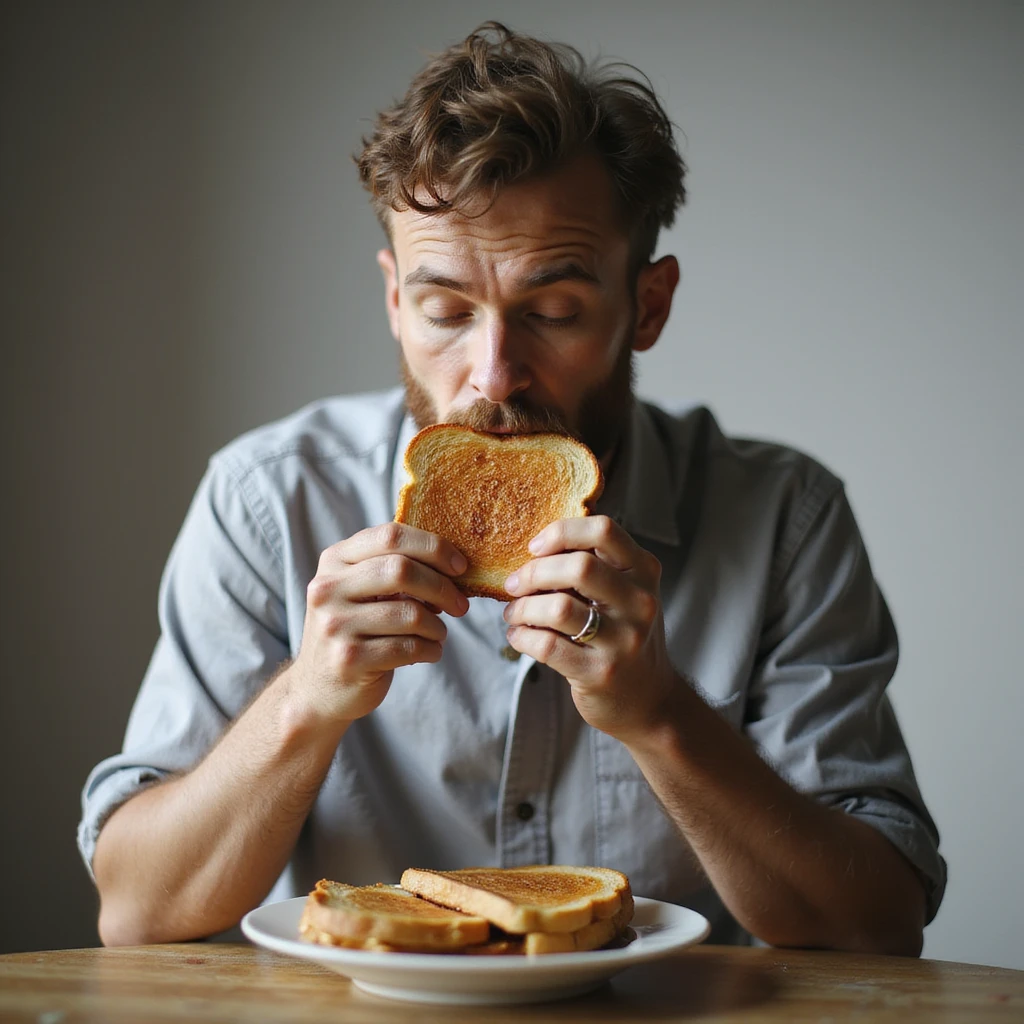 hyperrealistic 4K man isolated on white background having breakfast, eating a toast, natural pose, realistic details, variant 7 emoji