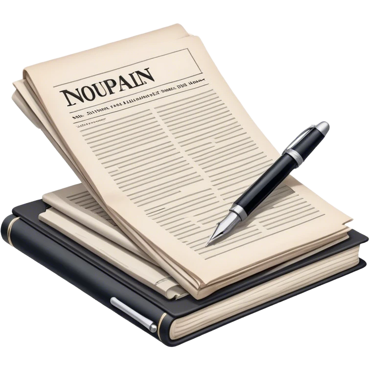 Create an emoji representing journalism and publicistic writing. The design should feature a stack of newspapers, an open notebook with visible text, and a single fountain pen placed near the notebook, symbolizing the act of writing. Use neutral, professional colors like black, white, and muted tones to convey a sense of seriousness and intellect. Do not include any emojis or smiley faces. Make the background transparent. emoji