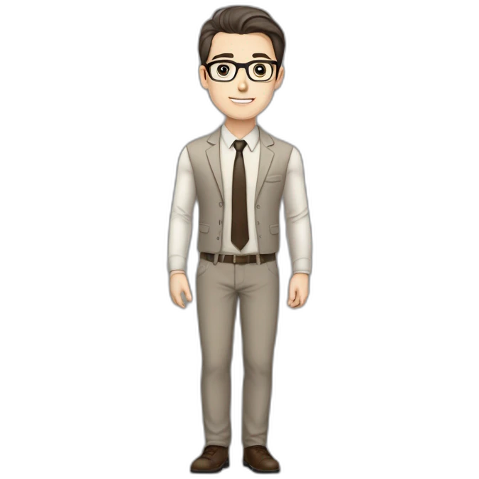 Pale skinned fit man with dark brown hair in gray jacket, beige office shirt, brown tie, brown pants and vintage glasses Writing text on a marker board emoji