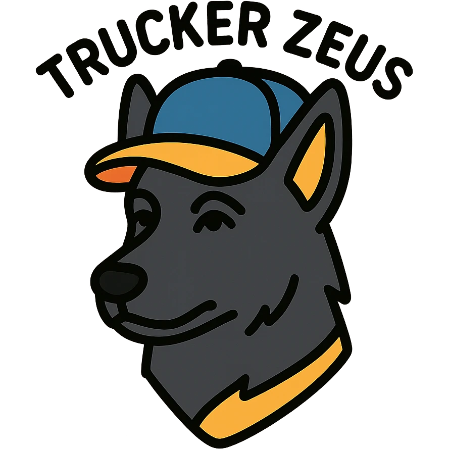 dark German Shepherd with 'Trucker Zeus' above, bold color icon style, text easy to read emoji