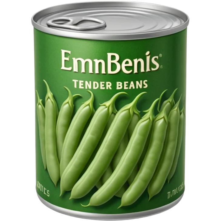 metal can with simple label open top showing tender green beans inside cut into even lengths moist slightly glossy packed in light brine muted green color soft texture cooked preserved vegetables no fork bowl branding just opened can soft lighting subtle shadows emoji scale emoji