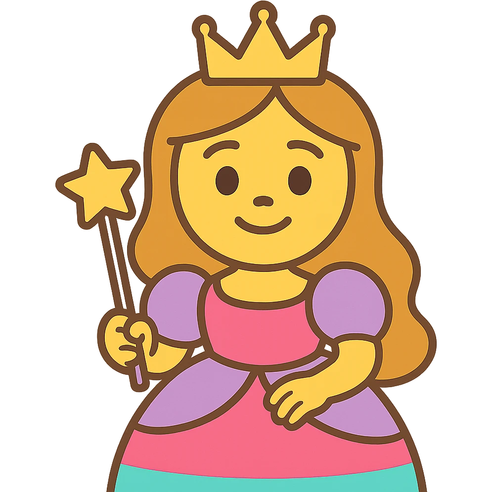 cartoon-style princess emoji with long hair, wearing a golden crown, smiling softly, dressed in a royal gown, holding a magic wand, pastel toon style emoji