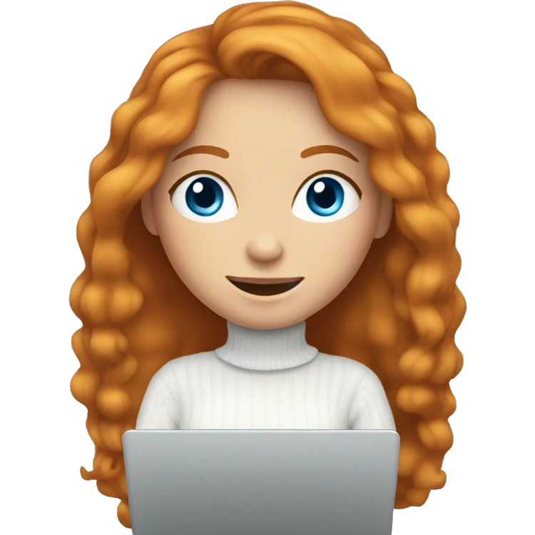 ginger girl with long hair and blue eyes in turtle neck white sweater working on a laptop emoji