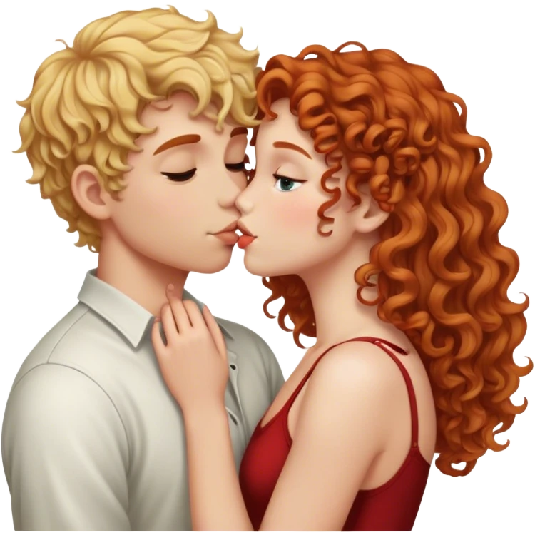 Blonde girl kissing redhead boy who has curly hair the blonde girl is straight hair emoji