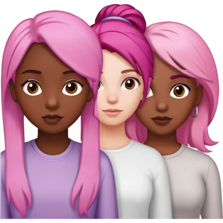 a black girl with dark brown hair next to a white girl with pink hair and a white girl with brown hair emoji