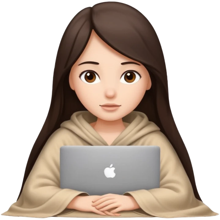 Beautiful girl with a long straight dark brown hair inside a beige blanket working macbook  emoji